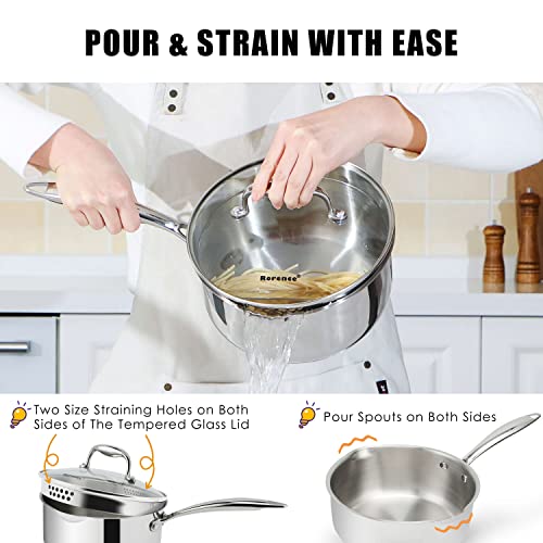 Rorence 3-Quart Saucepan with Lid: Pour and Strain Stainless Steel Sauce Pan with Pour Spouts, Capsule Bottom & Tempered Glass Lid - size: 3 Quart
