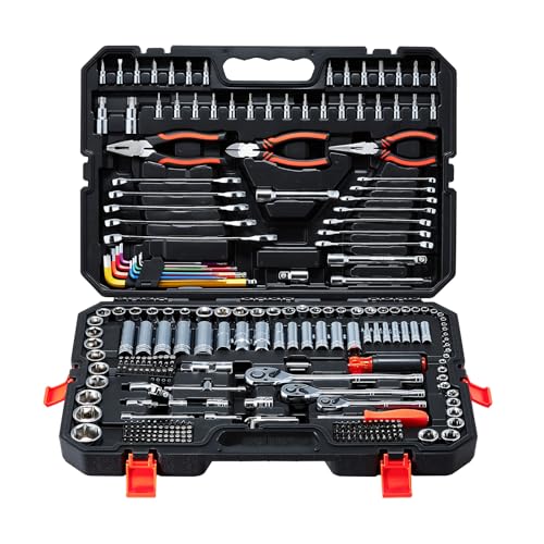 VEVOR Mechanics Tool Set, 314-Piece Mechanic Tool Kit, 1/4 in, 3/8 in, and 1/2 in Drive, Metric Socket Set, Wrenches, Screwdriver Bits, Accessories, and Storage Case, for Automotive and Home Repair - size: 1/4"&3/8"&1/2", style: 314 PCS