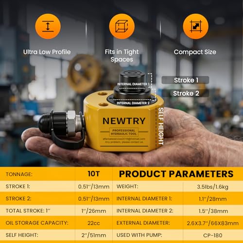 NEWTRY Hydraulic Ram Jack 10T Hydraulic Cylinder Low Profile Ram Jack Multi-Section 1” Stroke Lifting Cylinder Mini Portable for Machinery, Bridge, Construction - size: 10T