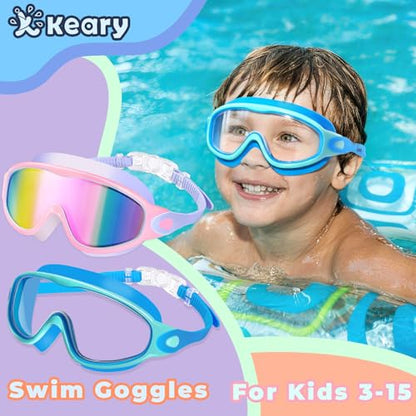 Keary 2 Pack Kids Swim Goggles for 3-15 UV Protection Anti-Fog Pool Water Swimming Goggles for Boys Girls Youth Toddler - color: Pink Mirrored & Cyan Blue