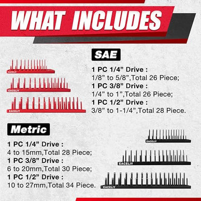 EACELIY Socket Organizer Tray Set,1/2", 1/4" and 3/8" SAE & Metric Deep & Shallow Socket Holder Kit, Deep and Shallow Socket Holders for Toolboxes(sockets not included) 丨6PCS - size: 6PCS