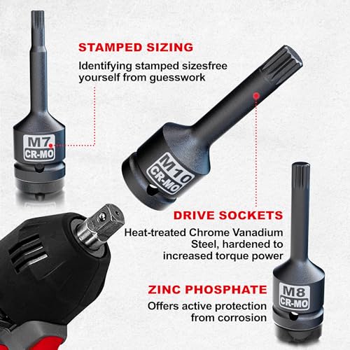 3/8" Drive Master Impact XZN Bit Socket Set, 7-Pieces: M5 - M14, Cr-Mo Steel, Heavy Duty Storage Case - size: 3/8" XZN
