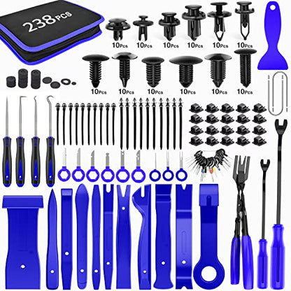 GOOACC 238Pcs Trim Removal Tool, Auto Push Pin Bumper Retainer Clip Set Fastener Terminal Remover Tool Adhesive Cable Clips Pry Kit Car Panel Radio Removal Auto Clip Pliers - color: 120Pcs Clips + 118 Remover Blue