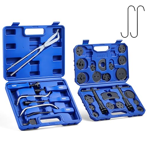 Orion Motor Tech Brake Caliper Compression Tools, 2-in-1 32pc Disc & Drum Brake Service Tool Set with 18 Blackened Adapters, Caliper Piston Compressor Tool with Hangers Spoons Installer Retainer, Blue