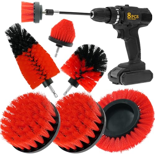 8 Pcs Drill Brush Attachment Set, Power Cleaning Scrub Brush Kit with Extend Long Attachment, All Purpose Drill Scrub Brushes for Car, Grout, Floor, Tub, Bathroom and Kitchen (red) - color: Red