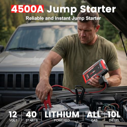 BOOKOO 4500A Jump Starter,H8 Portable Car Jump Starter Battery Pack for All Gas & 10L Diesel Engines,12V Car Battery Jumper Box with 3 Mode Flashlight with USB Qc3.0 Dual Output-Red