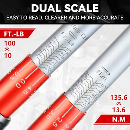 Auto Dynasty 3/8 Inch Dual-Scale Reversible Ratchet Wrench Set 10-100ft.lb/13.6-135.6 n.m with Quick Release and Accurate Torque Control - Perfect for Cars, Bikes, and Machinery Maintenance - size: 3/8 Inch-100ft.lb