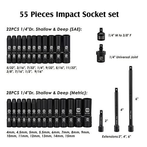 MIXPOWER 55 Pieces 1/4" Dr. Impact Socket Set, CR-V, 6 Point, SAE/Metric, 5/32 Inch - 9/16 Inch, 4mm - 15mm, Shallow/Deep, Including Adapter, Extension, Universal Joint - size: 1/4" With Accessories