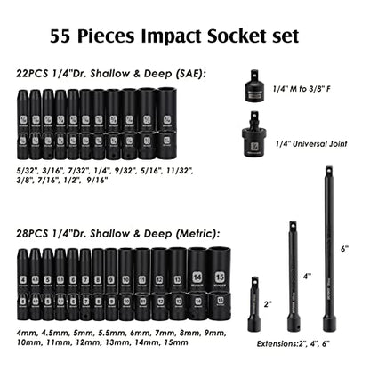 MIXPOWER 55 Pieces 1/4" Dr. Impact Socket Set, CR-V, 6 Point, SAE/Metric, 5/32 Inch - 9/16 Inch, 4mm - 15mm, Shallow/Deep, Including Adapter, Extension, Universal Joint - size: 1/4" With Accessories