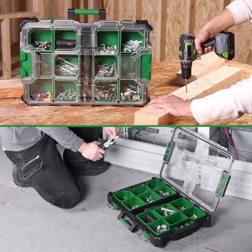 SK 20.5-Inch Small Part Organizer, Stackable Tools Box Organizer with 15 Compartments and Removable Dividers, Transparent Lid, Waterproof & Impact-Resistant Design, for Small Tools and Accessories - size: 20.5-Inch Small Part Organizer