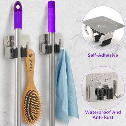 Broom Holder Wall Mount Rack, 304 Stainless Steel Mop and Tool Organizer | Drill-Mounted Gripper Rack Holds Brooms, Mops and Garden Tools Safely in the Laundry Room, Kitchen, Garage, Garden and Shed - color: Silver-Black