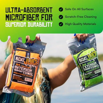 Boat Juice Necessity Boat Cleaner Kit | Exterior Water Spot Remover, Interior Seat & Vinyl Cleaner, 2 Microfiber Towels | Boat Cleaning & Detailing Kit, Marine Accessories | Made in USA (Kit)