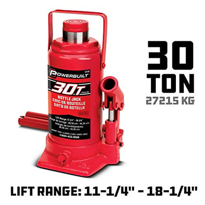Powerbuilt Bottle Jack, 30 Ton Capacity, Heavy Duty 60000 Pounds Hydraulic Vehicle Lift with Stable Base - Red 647505 - size: 30 Ton