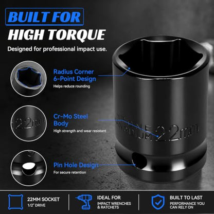 2PCS 22mm Impact Socket 1/2" Drive, 6 Point Metric Shallow Socket, CR-V Steel Heavy Duty Impact Wrench Socket for Automotive Repair - size: 22mm