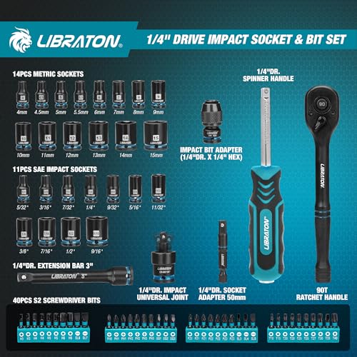 LIBRATON 71PCS 1/4 Impact Socket Set, Complete SAE & Metric Socket & Bit Set, Impact Ready Drive Socket Kit with 90-Tooth Ratchet & Spinner Handle for Drill & Impact Driver, Automotive Repair Tool Kit