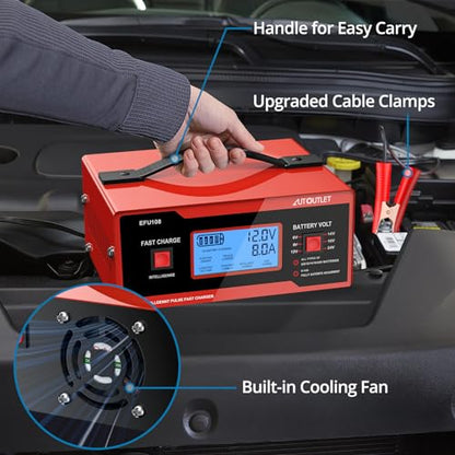 AUTOUTLET Upgraded 8 Volt Battery Charger for Golf Cart Automotive Battery Charger and Maintainer 0-14A with Cable Clamps for 6/8/12/14/16/24V Lead-Acid Batteries - color: Red