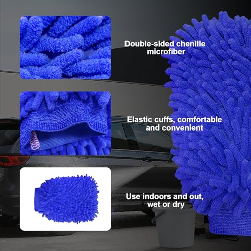 Ziciner Premium Microfiber Wash Mitt, Soft Scratch-Free Double-Sided Chenille Washing Gloves Perfect for Car Washing and Detailing (Blue, Large) - color: Blue