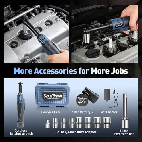 CloudDream Cordless Electric Ratchet Wrench,3/8" 16V Power Ratchet Tool,40 Ft-lbs Max Torque with 2x 2.0 Ah Batteries, Fast Charger, 7 Sockets, 1/4" Adapter & 3" Extension Bar for Auto Repair