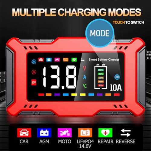 Car Battery Charger 10A with Large LCD Display for 12V Lead Acid & 14.6V LiFePO₄, Automatic Battery Maintainer, Trickle Charger, Desulfator, AGM/Gel/SLA Charger for Cars Trucks Motorcycles Boats