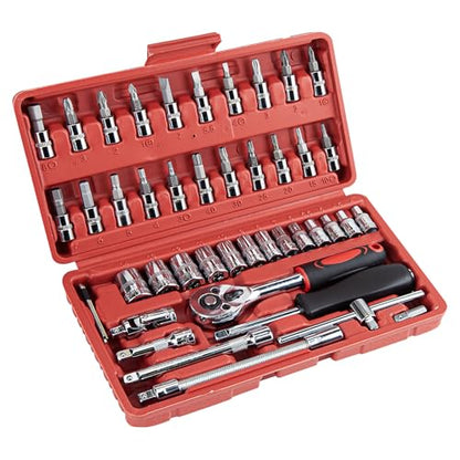 CARTMAN 46PCS 1/4 in Drive Socket Ratchet Wrench Tool Set with Bits&Case | auto repair, home maintenance, garage, DIY, metric sockets, ratchet wrench, bit socket set, extension bar, storage case - style: 46 Piece