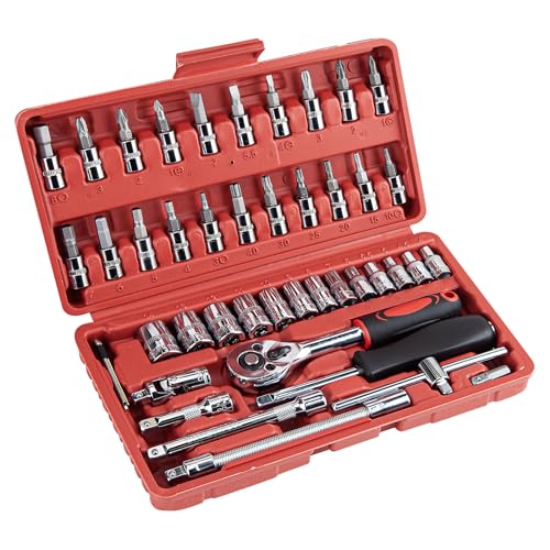 CARTMAN 46PCS 1/4 in Drive Socket Ratchet Wrench Tool Set with Bits&Case | auto repair, home maintenance, garage, DIY, metric sockets, ratchet wrench, bit socket set, extension bar, storage case - style: 46 Piece