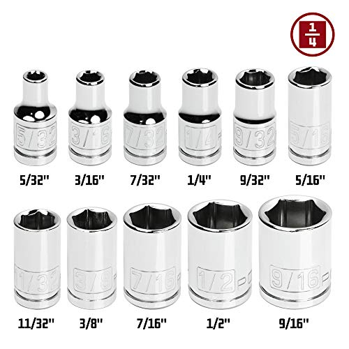 Powerbuilt 11 Piece 1/4-Inch Drive SAE Socket Set, Sizes 5/32 Inch to 9/16 Inch, 6-Point, Chrome Vanadium Steel, Z-Drive Design, Chamfered Openings, Forged Size Markings - 640497 - size: SAE