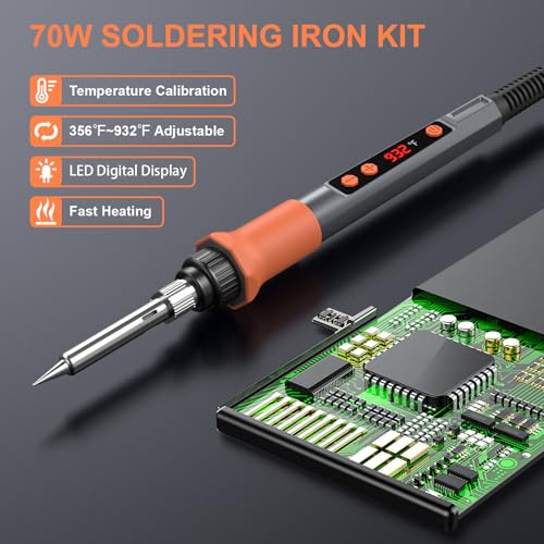 Soldering Iron Kit, 70W Soldering Gun with LED Digital Display, Adjustable Temperature 356-932℉ Solder Kit for Electronics, Includes 5pcs Tips, Stand, Solder Wire, Sponge, Paste, Grey - color: Grey