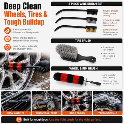 18-Piece Car Detailing Kit – Complete Car Interior Detailing Kit and Exterior Cleaning Set with Detail Brushes, Wire Brushes, Waxing Mop, and Microfiber Accessories for Vehicles