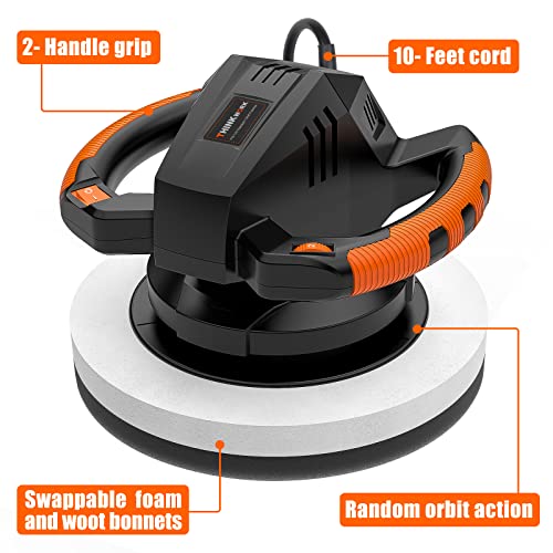 THINKWORK Buffer Polisher,10 Inch Car Polisher Sets with 4 Buffing and Polishing Bonnets,6 Variable Speed 1500-3600 RPM,Double Handle, Ideal for Car Waxing - color: Black & Orange & White