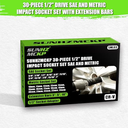 SUNHZMCKP 30-Piece 1/2" Drive Impact Socket Set, SAE (3/8"- 1") and Metric (10mm-24mm) Deep Socket Set, Including Impact Extension Bar 3 ", 5", 10" and 1/2" Socket Adapter, 6 Point Design, CR-V - size: 30-Pc 1/2" Drive Impact Socket Set