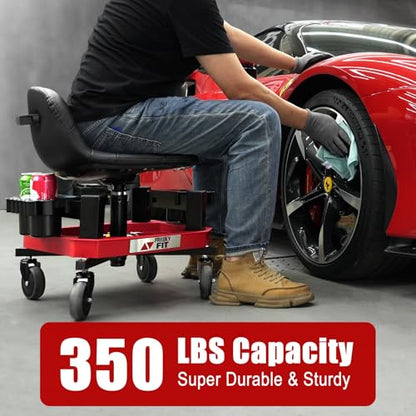 Rolling Shop Stool with Wheels, Adjustable Garage Mechanic Stool Seat Shop Roller Work Chair Mobile Rolling Seat with Tool Tray, 2 Cup Holders, 4" Casters, 350 LBS, Heavy-Duty, Red - color: Red