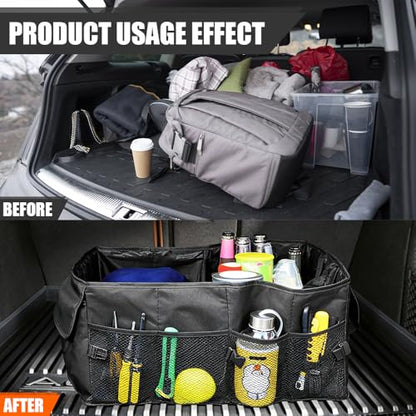 Car Trunk Organizer, Collapsible Multi Compartment Vehicle Storage Box, Waterproof Adjustable Automotive Organization Container Accessories for Women Men, Universal for SUV, Car, Truck (Black)