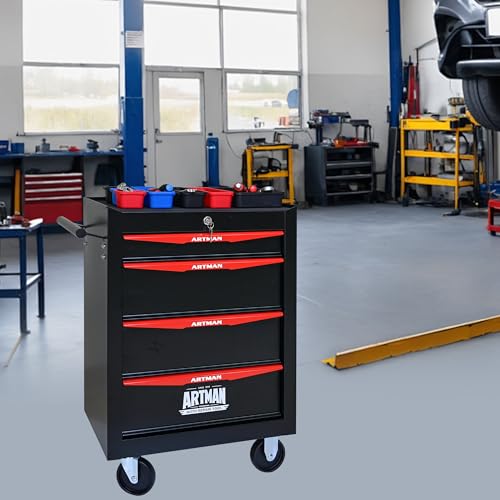RYH 4/5/6/7 Drawers Rolling Tool Chest - Heavy Duty Mobile Tool Cart with Locking Wheels & Ball Bearing Drawers, 30.5" H x 20.9" W x13 D Garage Tool Storage Cabinet，Metal Tool Box (Black, 4 Drawers) - color: Black-red, size: 4 Drawers（30"H × 20"W × 13"D)