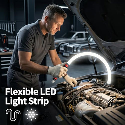 30" Flexible LED Work Light, Rechargeable Bendable Mechanic Light | Rubber Body, 800Lm, 6000K White, 3 Modes, 7H Battery, Hands-Free, Indoor Outdoor, Car Repair, Camping, USB Rechargeable