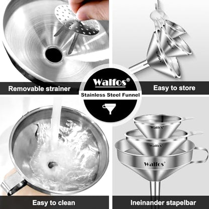 Stainless Steel Funnel, Walfos 3 Different Sizes of Kitchen funnels with 2 Removable Strainer ＆ 1Pcs Cleaning Brush, for Transferring of Liquid, Oils, Jam, Powder - color: 3pcs 5in+4in+3in