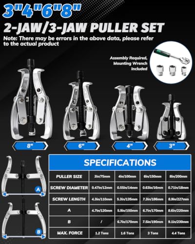 INCENDIOS 3" 4" 6" 8" Gear Puller Set, 2/3 Jaw Convertible Bearing Puller Kit, Reversible Jaws | Heavy Duty Cr-V Steel, Internal/External Removal Tool for Pulley, Gear, Flywheel, Bearing, Includes Ratchet Wrench