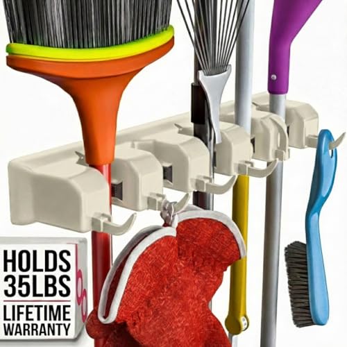 Broom Holder Wall Mount, Mop and Broom Organizer – Wall Mounted Broom Rack & Mop Rack, Rack for Brooms and Mops | Broom Hanger Wall Mount with 5 Slots & 6 Hooks, Kitchen Garage Laundry Garden (Beige) - color: Beige, size: 1 Pack
