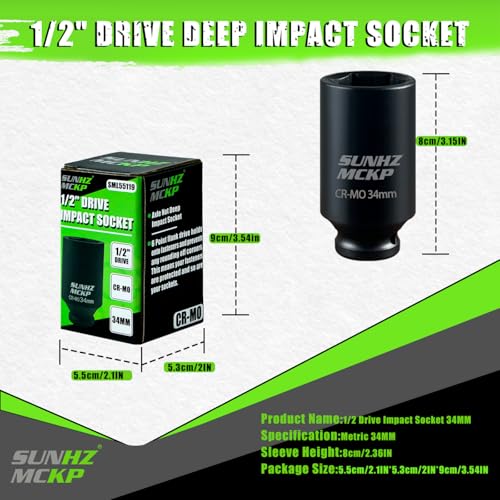 SUNHZMCKP 1/2 Inch Drive Impact Socket, Metric 34 mm Deep 6 Point Socket, CR-MO, Axle Nut Impact Grade Socket for Easy Removal (34mm) - color: Metric, size: 34 mm
