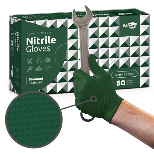 WECARE 8 Mil Nitrile Gloves - Heavy Duty Mechanic Gloves, with Diamond Grip - Powder and Latex Free Disposable Gloves - color: Green, size: XX-Large
