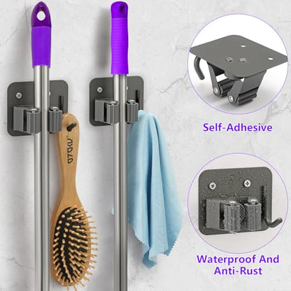 Broom Holder Wall Mount Rack, 304 Stainless Steel Mop and Tool Organizer | Drill-Mounted Gripper Rack Holds Brooms, Mops and Garden Tools Safely in the Laundry Room, Kitchen, Garage, Garden and Shed - color: Gery