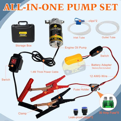 12V/24V 100W Portable Oil Extractor Pump Set, All-in-One Oil Transfer Pump with Yellow Battery Adapter Compatible with DEWALT 20V/18V Battery, Fluid Transfer for Home Business Farm Boat - color: SET 01+Yellow battery adapter
