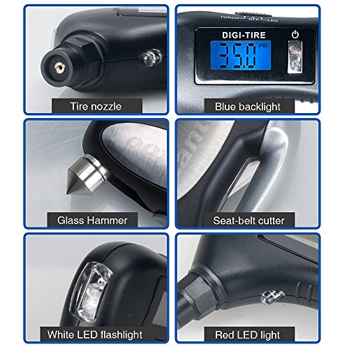 Digital Tire Pressure Gauge 150 PSI – 5-in-1 Emergency Tool for Cars, Trucks & Bikes – Includes Seatbelt Cutter, Window Breaker, LED Flashlight & Red Safety Light - 1 Pack
