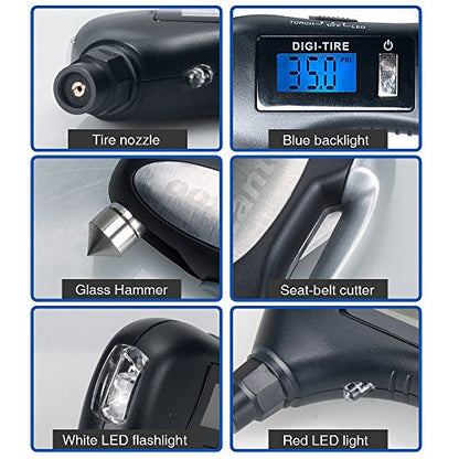 Digital Tire Pressure Gauge 150 PSI – 5-in-1 Emergency Tool for Cars, Trucks & Bikes – Includes Seatbelt Cutter, Window Breaker, LED Flashlight & Red Safety Light - 1 Pack