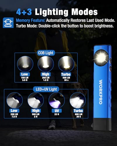 WORKPRO Rechargeable Work Light, 600 Lumens Flat Pocket Flashlight with UV Light, Magnetic Base & Clip, Slim LED EDC Flashlight for Garage, Camping, Home, and Emergencies - color: Blue
