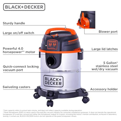 BLACK+DECKER Shop Vacuum Wet and Dry, 5 Gallon 3-in-1 Stainless Steel Shop Vac with Accessories, 4 HP Vacuum Cleaner, for Workshop, Home, Garage and Pet, BDXV18143 - size: 5 Gallon 4 HP