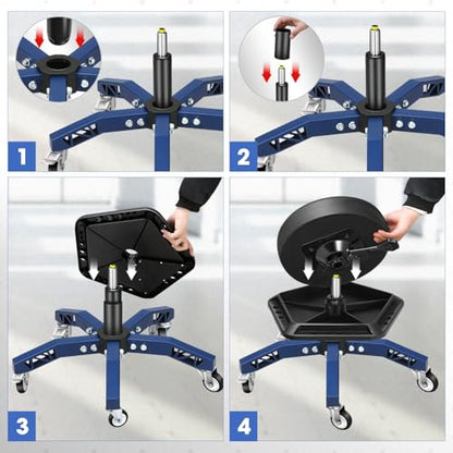DNA Motoring Rolling Shop Stool, Adjustable Height Padded Rolling Seat, Pneumatic Roller Mechanic Stool for Garages, w/Tool Storage Tray, 300lbs Capacity, TOOLS-00636-BK-BL - style: Blue Tray Model