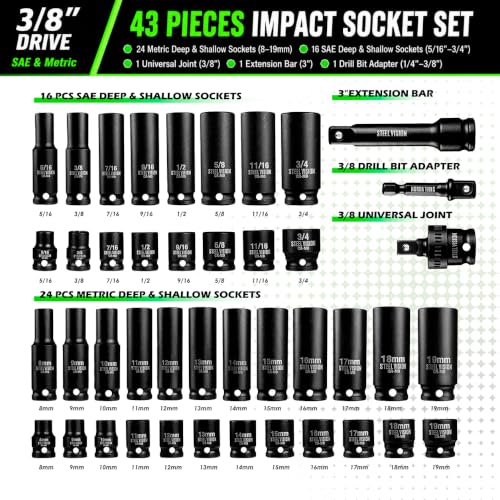 43‑Pc 3/8″ Impact Socket Set – SAE & Metric (5/16–3/4″, 8–19 mm), 6‑Point Deep & Shallow Sockets, Chrome‑Moly Steel, Includes Adapter, Extension, Universal Joint – Black Phosphate, Laser‑Etched - size: 3/8"_SAE&Metric_43pc