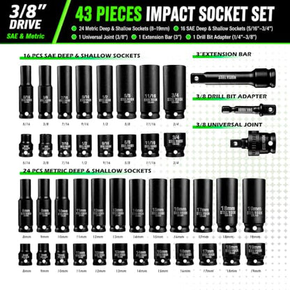 43‑Pc 3/8″ Impact Socket Set – SAE & Metric (5/16–3/4″, 8–19 mm), 6‑Point Deep & Shallow Sockets, Chrome‑Moly Steel, Includes Adapter, Extension, Universal Joint – Black Phosphate, Laser‑Etched - size: 3/8"_SAE&Metric_43pc