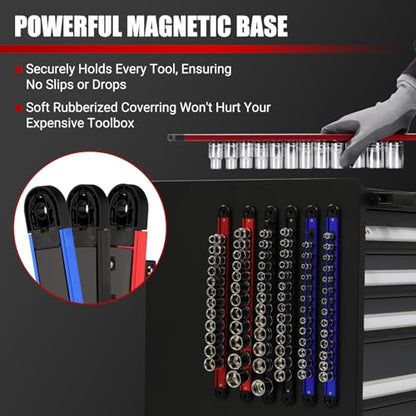 EMENTOL 8-Piece Magnetic Socket Organizer and Screwdriver Organizer Set, 6-Piece Detachable Trays for 1/4", 3/8", 1/2" Sockets & 2-Piece Screwdriver and Wrench Holder, Aluminum Alloy Storage for Tools - size: 8-Piece Set