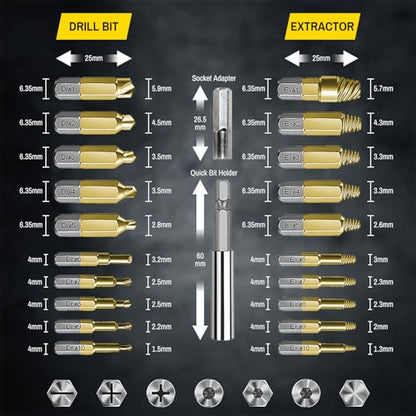22PCS Titanium Damaged Screw Extractor Set, HSS 4341 Screw Extractor Kit, Easy Out Stripped Screw Extractor of Rusty & Broken with Magnetic Extension Bit Holder & Socket Adapter - size: 22 Pieces